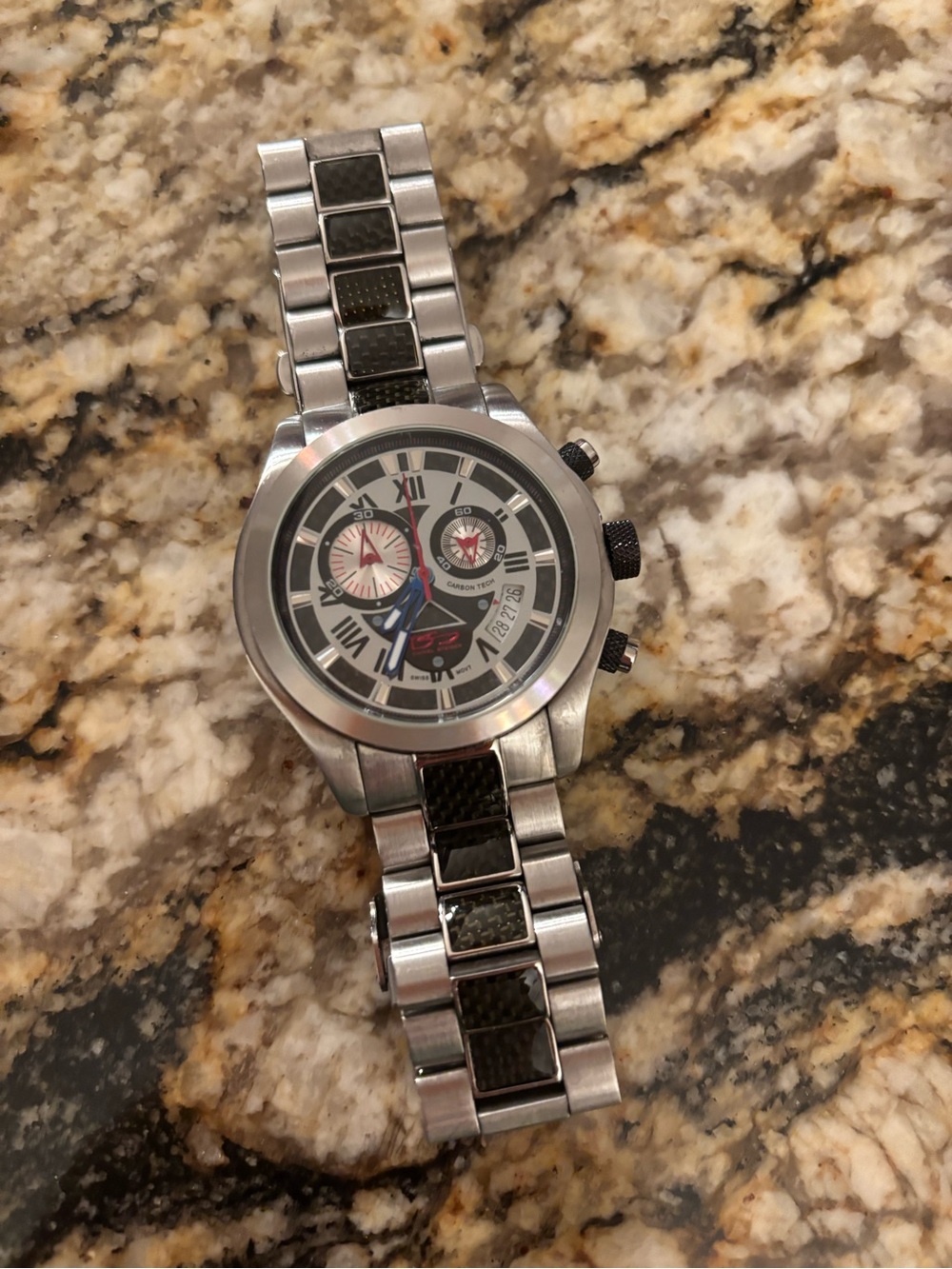Men's Silver and Black Steel Chronograph Watch